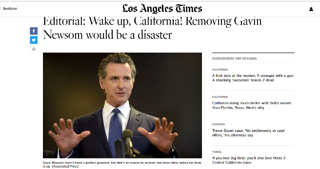 El periódico Los Angeles Times respalda al gobernador Newsom ante la elección de revocación de mandato