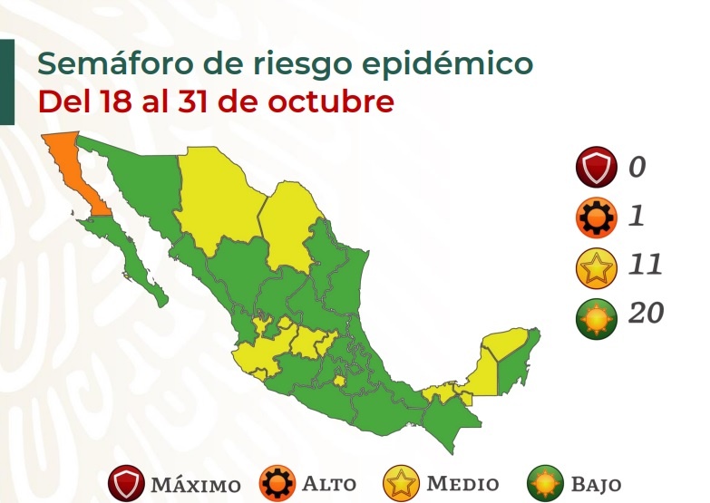 El Semáforo Epidemiológico ubica a 20 entidades en verde, 11 en amarillo y sólo una anaranjado, de alto riesgo: Baja California