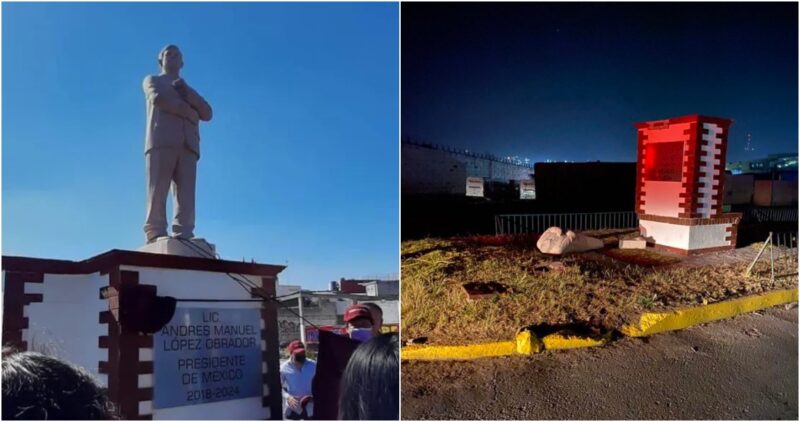 Estatua de AMLO, colocada hace 3 días en Atlacomulco, cuna del PRI, amanece derribada este 2022