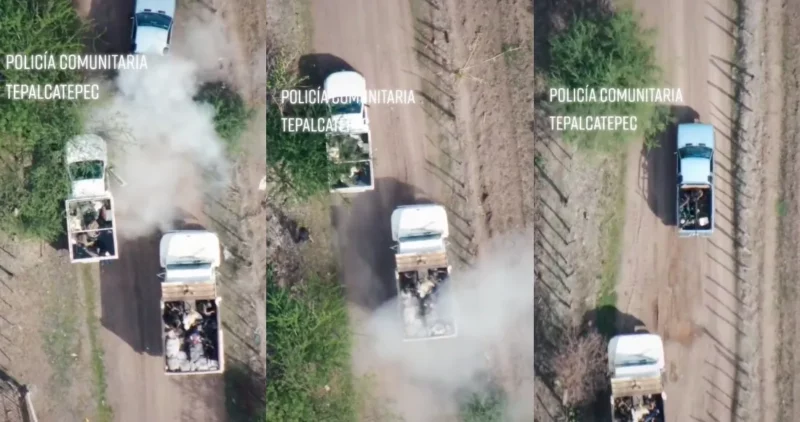 Videos: El Cartel Jalisco Nueva Generación bombardea con drones a la policía comunitaria de Tepalcatepec, Michoacán