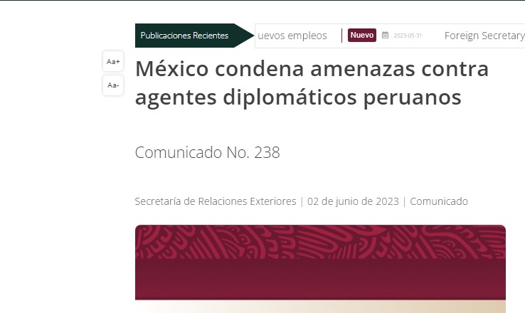 Condena México amenazas contra misión diplomática de Perú en CDMX