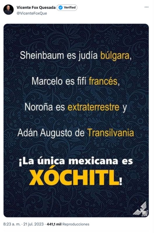 Fox promueve a Xóchitl con racismo y odio contra Sheinbaum, Ebrard, López y Noroña. Remata con un símbolo nazi