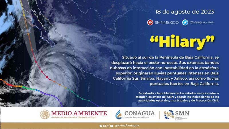 Hilary está a 575 km al sur-suroeste de Cabo San Lucas, BCS, como huracán categoría 4